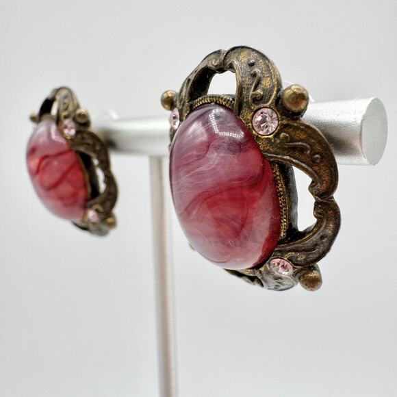 Vintage 1928 Victorian Revival Purple Swirled Lucite Cabochon Pink Rhinestones - Picture 3 of 12